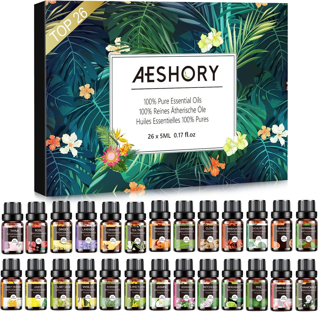AESHORY Essential Oils Set – 26×5ml Pure Aromatherapy Oils for Diffusers, Massage, Skin & Hair Care, Candle Making