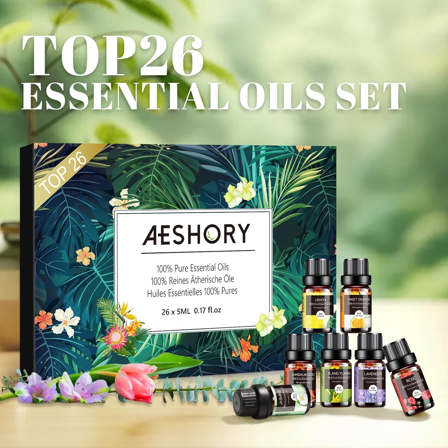 AESHORY Essential Oils Set – 26×5ml Pure Aromatherapy Oils for Diffusers, Massage, Skin & Hair Care, Candle Making