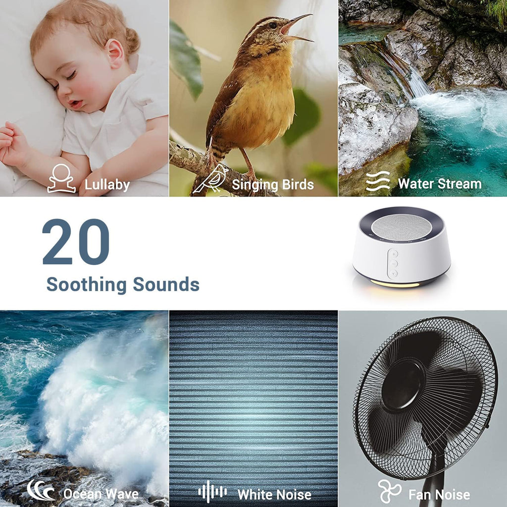BGOVERSS White Noise Sound Machine – 20 Soothing Sounds with 10-Color Night Light, Timers & Memory Feature (White)
