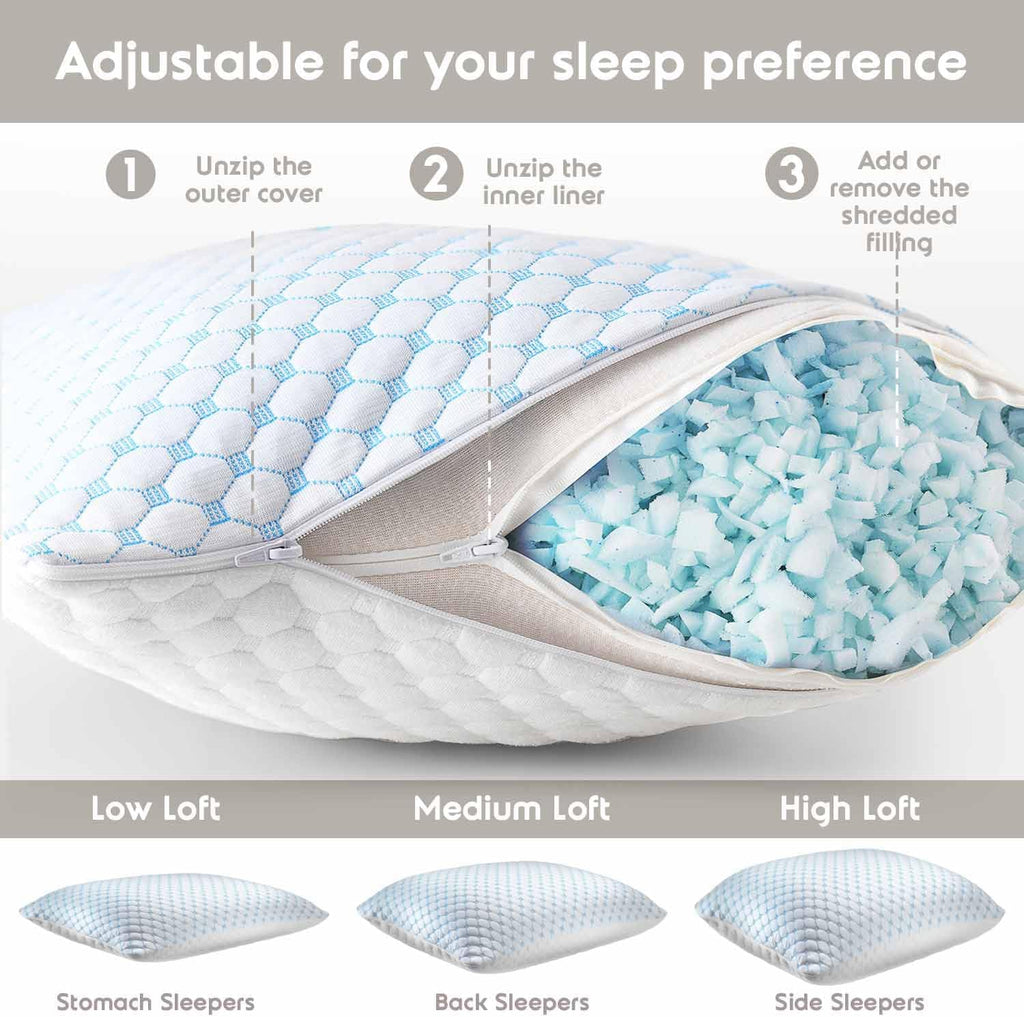 Nestl Cooling Pillow for Sleeping – Adjustable Shredded Memory Foam Pillow with Cold Gel, Standard Size (1 Pack)