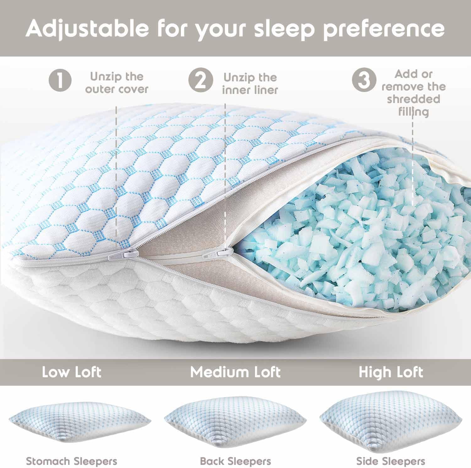 Nestl Cooling Pillow for Sleeping – Adjustable Shredded Memory Foam Pillow with Cold Gel, Standard Size (1 Pack)