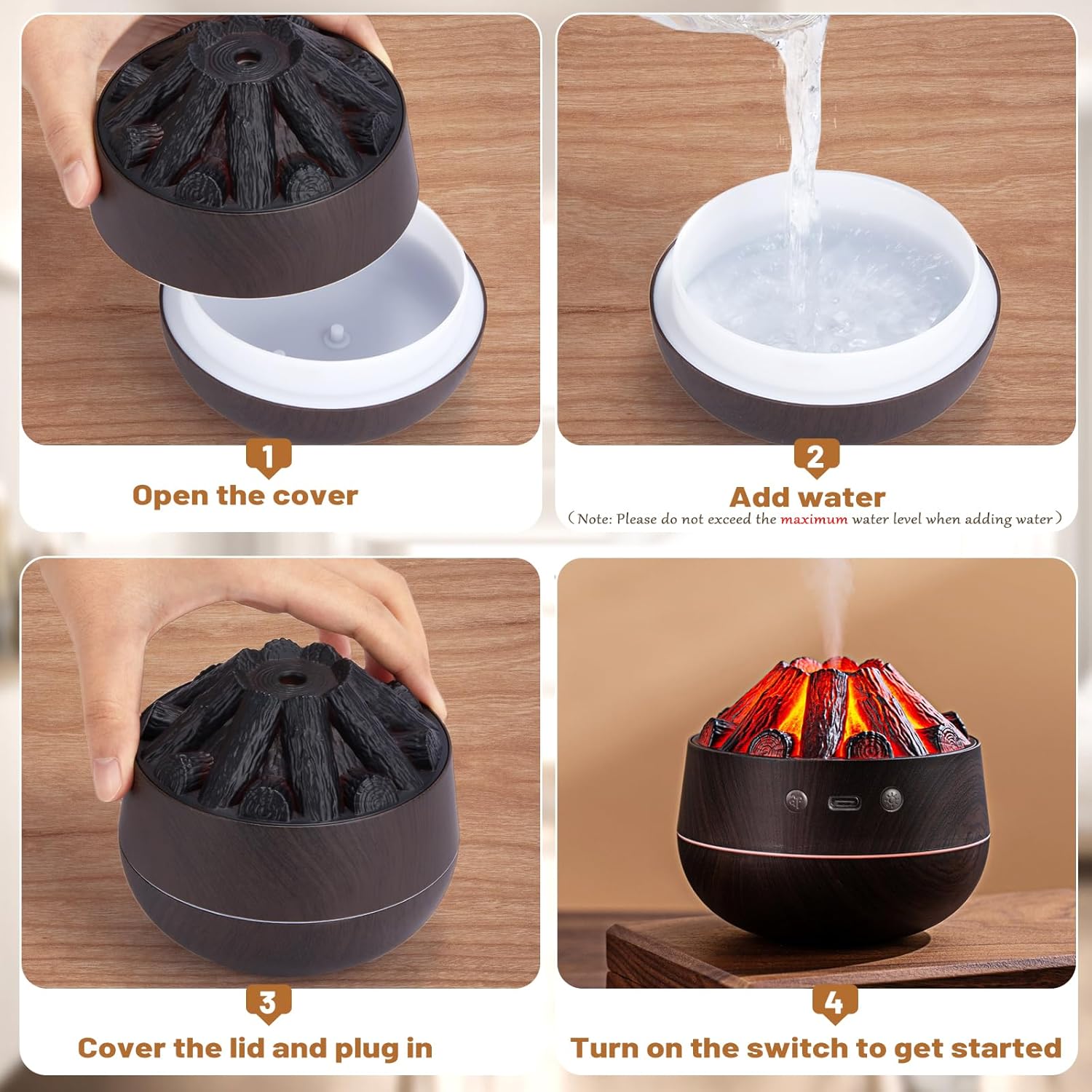 BZlover Mini Humidifier – Simulated Charcoal Fire Cool Mist Humidifier with Auto-Off Protection, 300ml