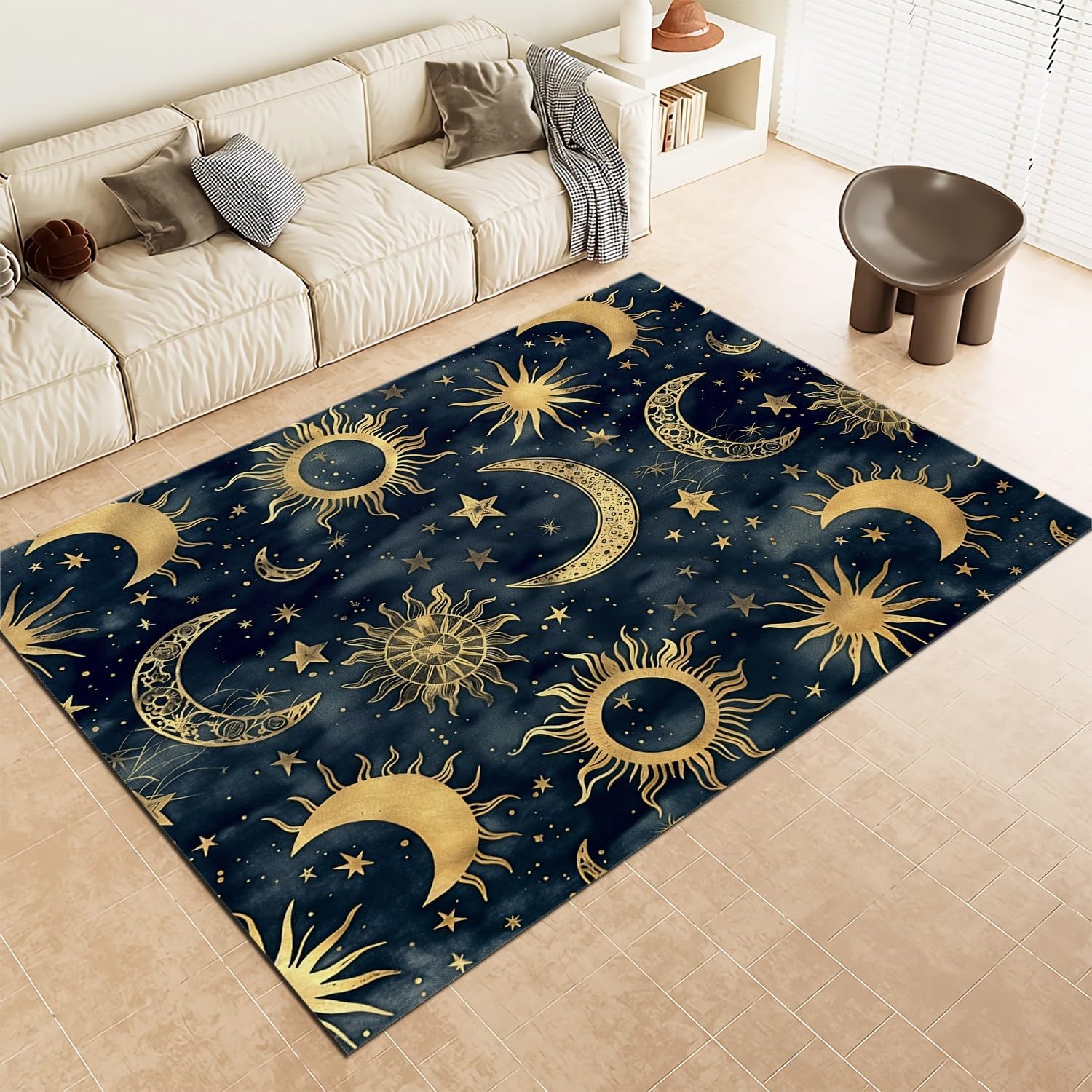 Sun Moon Stars Celestial Bodies Indoor Area Rug – Soft, Machine-Washable Non-Slip Carpet (31×59", Dark Blue)