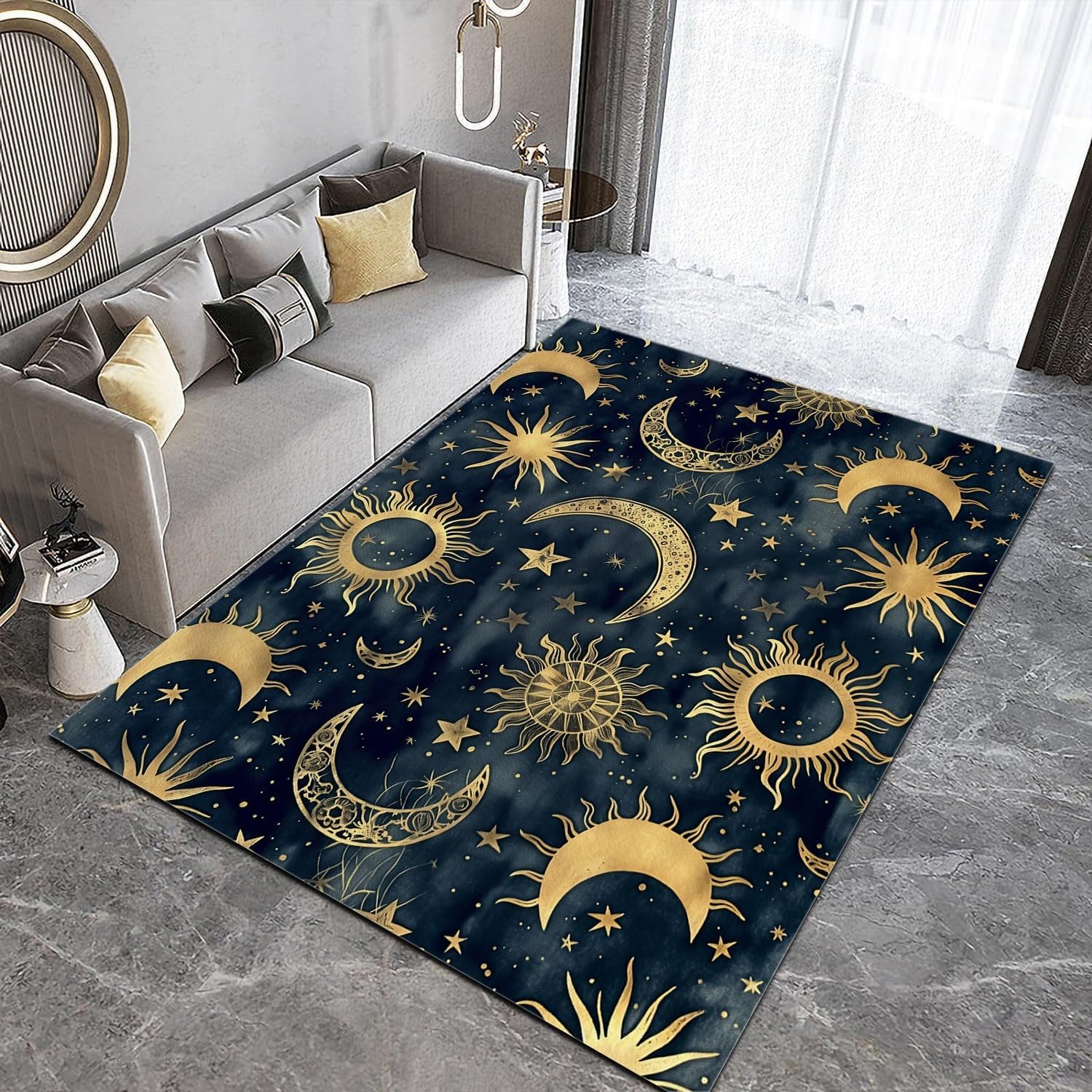 Sun Moon Stars Celestial Bodies Indoor Area Rug – Soft, Machine-Washable Non-Slip Carpet (31×59", Dark Blue)
