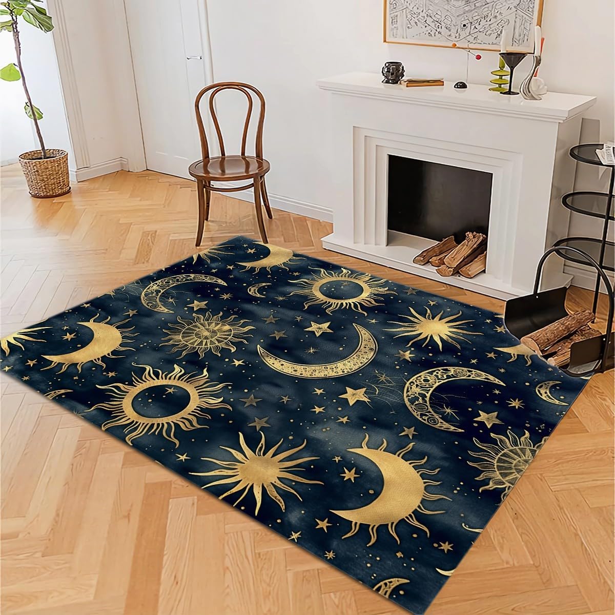 Sun Moon Stars Celestial Bodies Indoor Area Rug – Soft, Machine-Washable Non-Slip Carpet (31×59", Dark Blue)