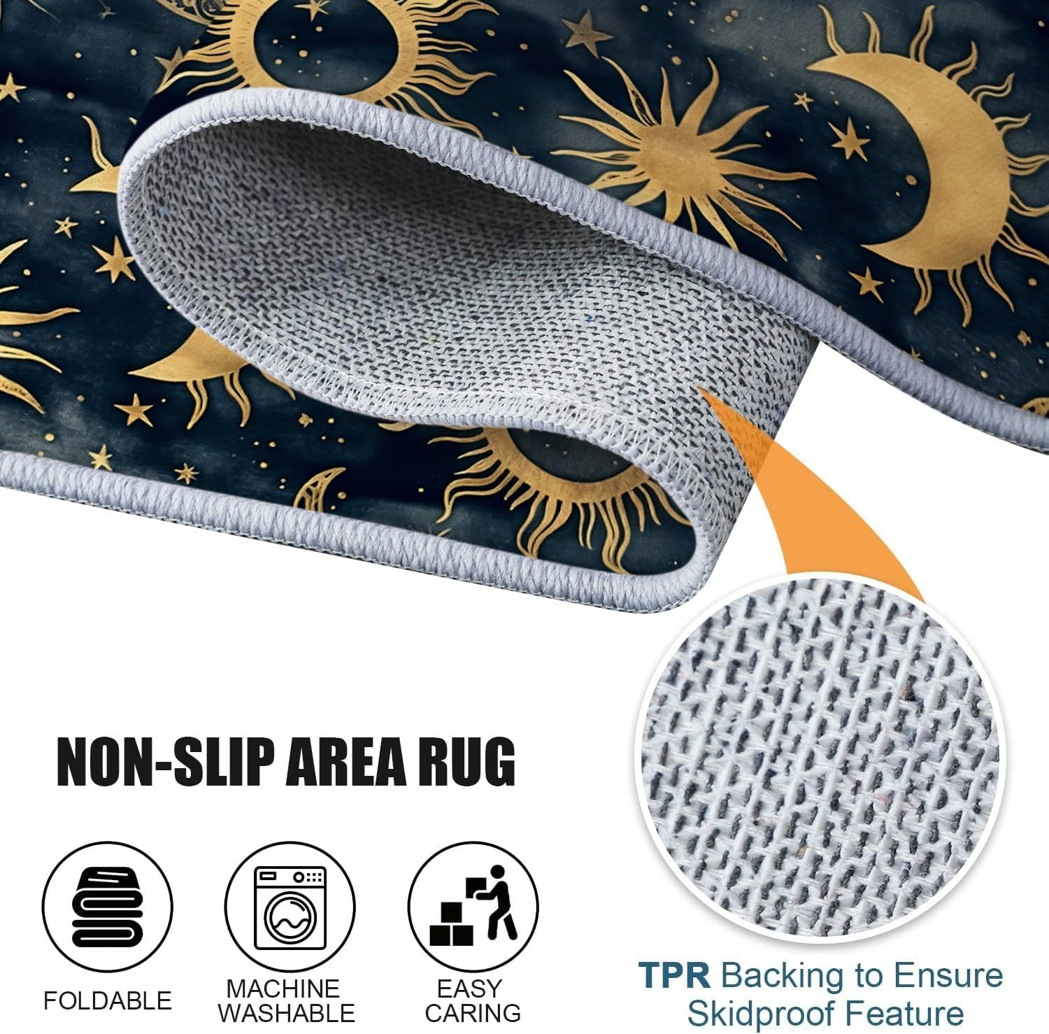 Sun Moon Stars Celestial Bodies Indoor Area Rug – Soft, Machine-Washable Non-Slip Carpet (31×59", Dark Blue)