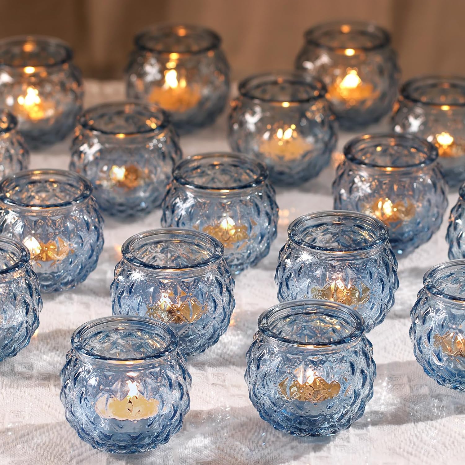 DARJEN 48Pcs Blue Round Candle Holders – Bulk Vintage Glass Tea Light Holders for Weddings, Parties & Gifts