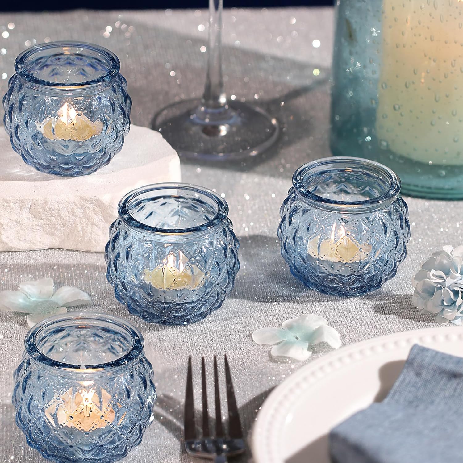 DARJEN 48Pcs Blue Round Candle Holders – Bulk Vintage Glass Tea Light Holders for Weddings, Parties & Gifts