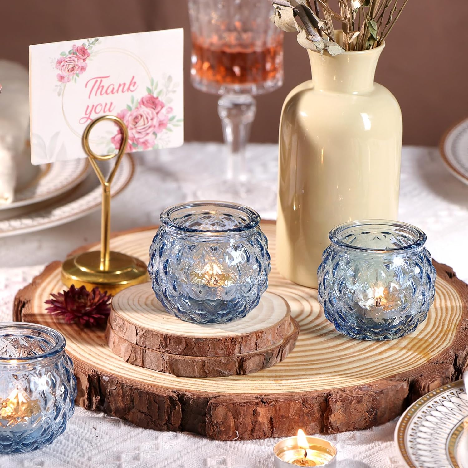 DARJEN 48Pcs Blue Round Candle Holders – Bulk Vintage Glass Tea Light Holders for Weddings, Parties & Gifts