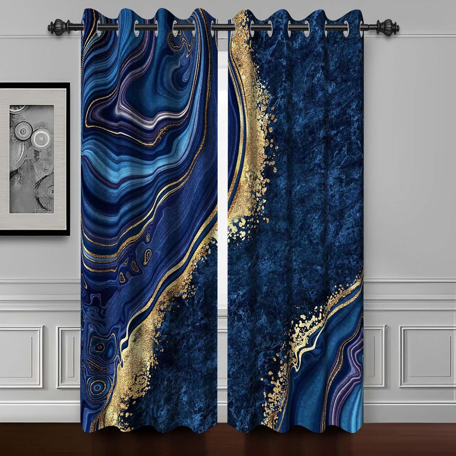 Baocicco Navy Blue Blackout Window Curtains – 2 Panels with Gold Marble Texture & Wavy Design, 26×63"