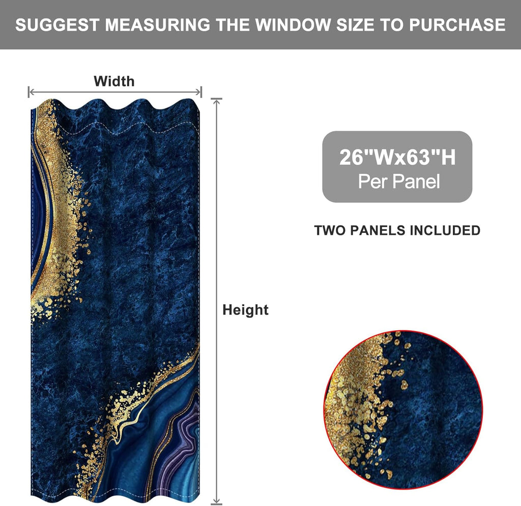 Baocicco Navy Blue Blackout Window Curtains – 2 Panels with Gold Marble Texture & Wavy Design, 26×63"