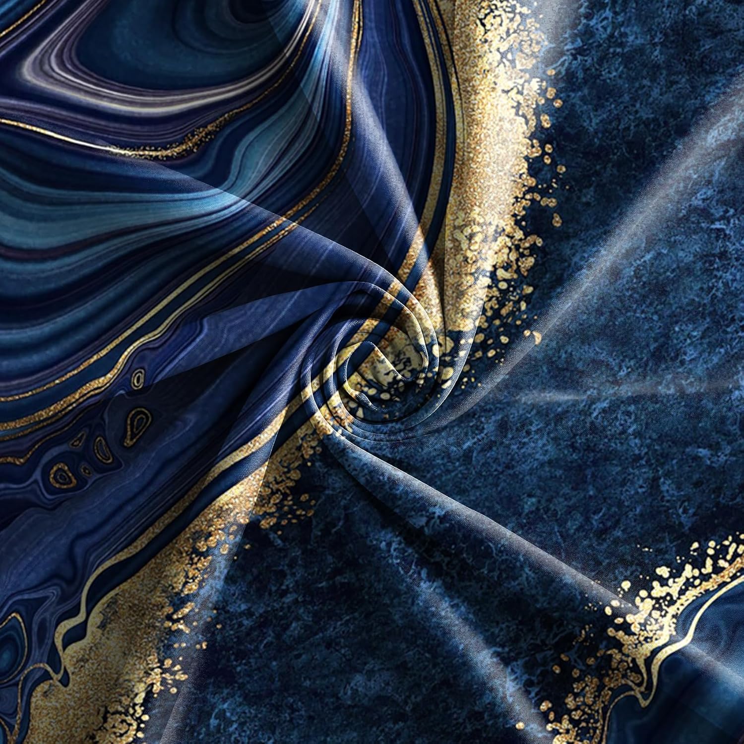 Baocicco Navy Blue Blackout Window Curtains – 2 Panels with Gold Marble Texture & Wavy Design, 26×63"