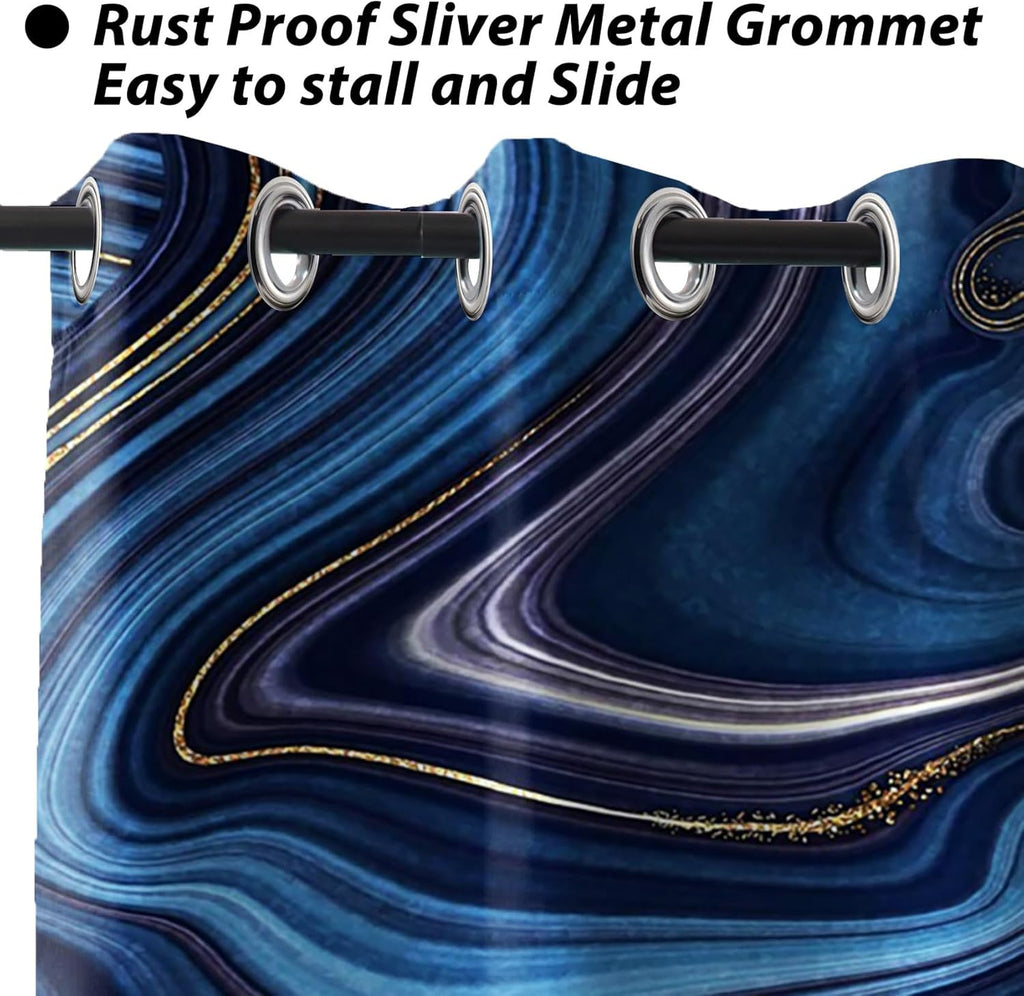 Baocicco Navy Blue Blackout Window Curtains – 2 Panels with Gold Marble Texture & Wavy Design, 26×63"