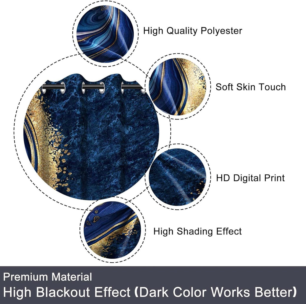 Baocicco Navy Blue Blackout Window Curtains – 2 Panels with Gold Marble Texture & Wavy Design, 26×63"