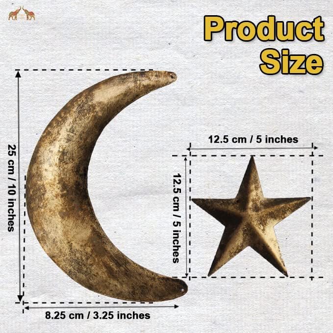 Mango Gifts Rustic Moon Phase Wall Decor – 4-Piece Gold Metal Crescent & Stars Set