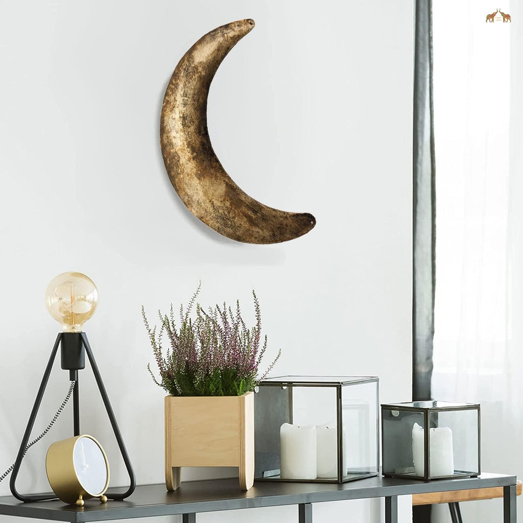 Mango Gifts Rustic Moon Phase Wall Decor – 4-Piece Gold Metal Crescent & Stars Set