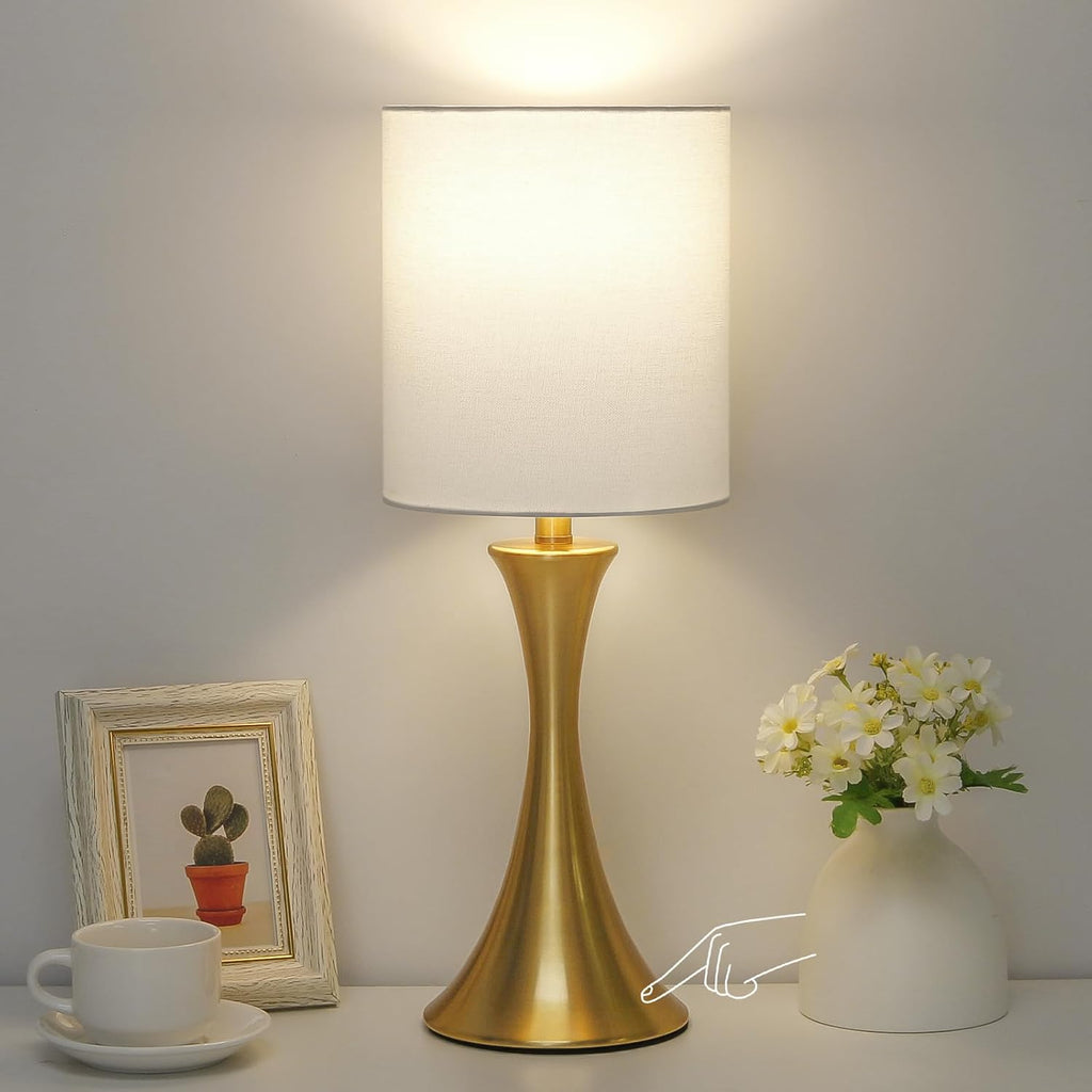 Gold Bedside Lamp Touch Control Table Lamp – 3-Way Dimmable Modern Nightstand Lamp with White Shade