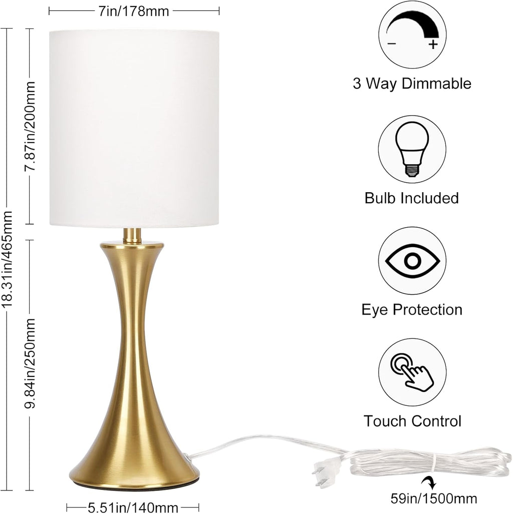 Gold Bedside Lamp Touch Control Table Lamp – 3-Way Dimmable Modern Nightstand Lamp with White Shade