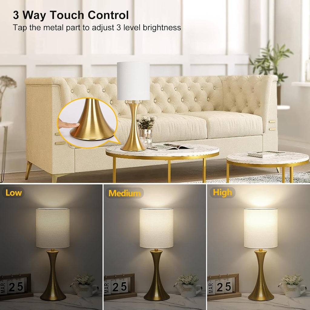 Gold Bedside Lamp Touch Control Table Lamp – 3-Way Dimmable Modern Nightstand Lamp with White Shade