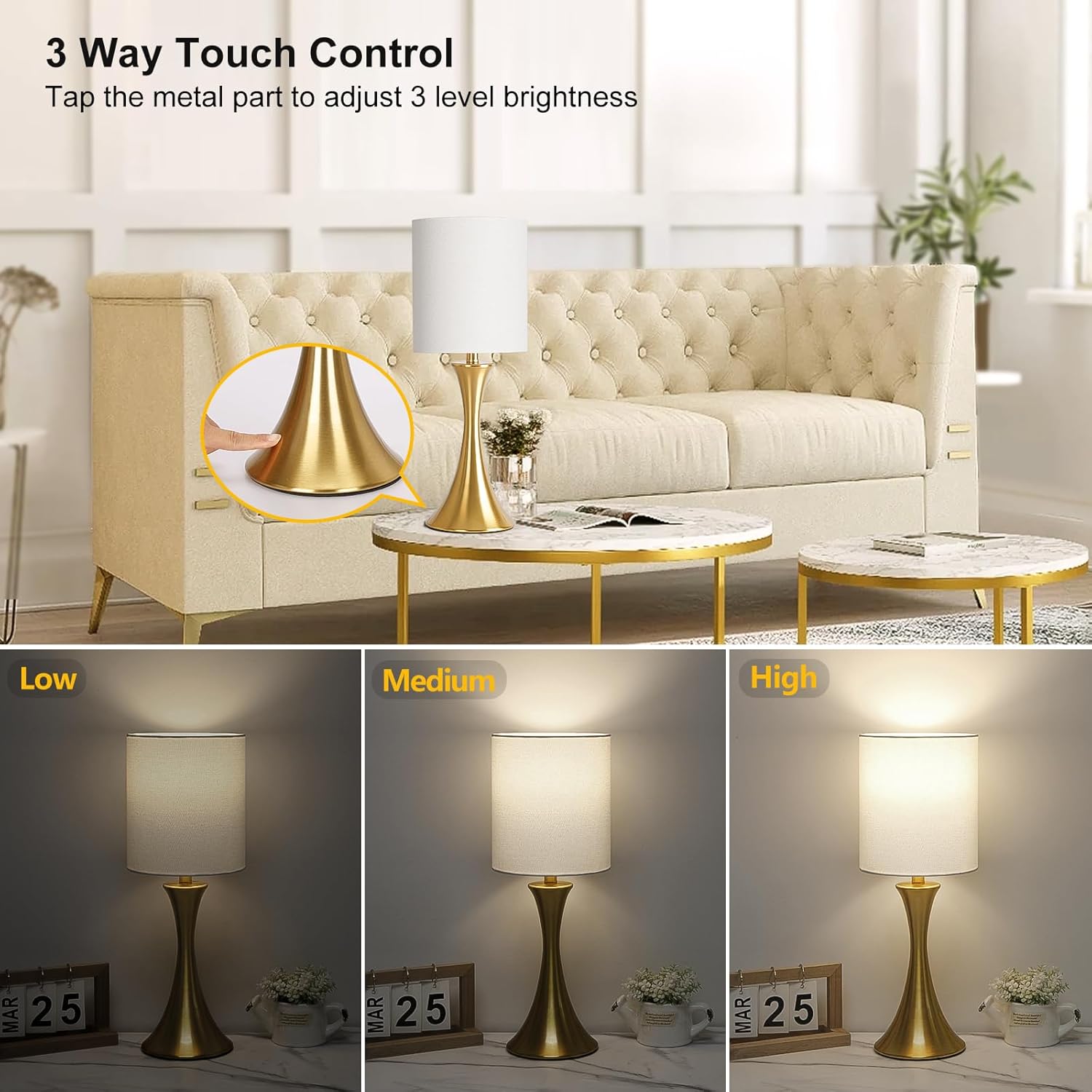Gold Bedside Lamp Touch Control Table Lamp – 3-Way Dimmable Modern Nightstand Lamp with White Shade