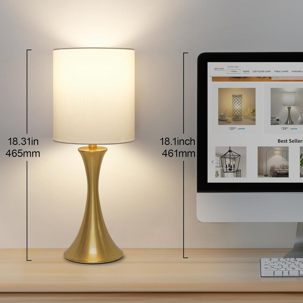 Gold Bedside Lamp Touch Control Table Lamp – 3-Way Dimmable Modern Nightstand Lamp with White Shade