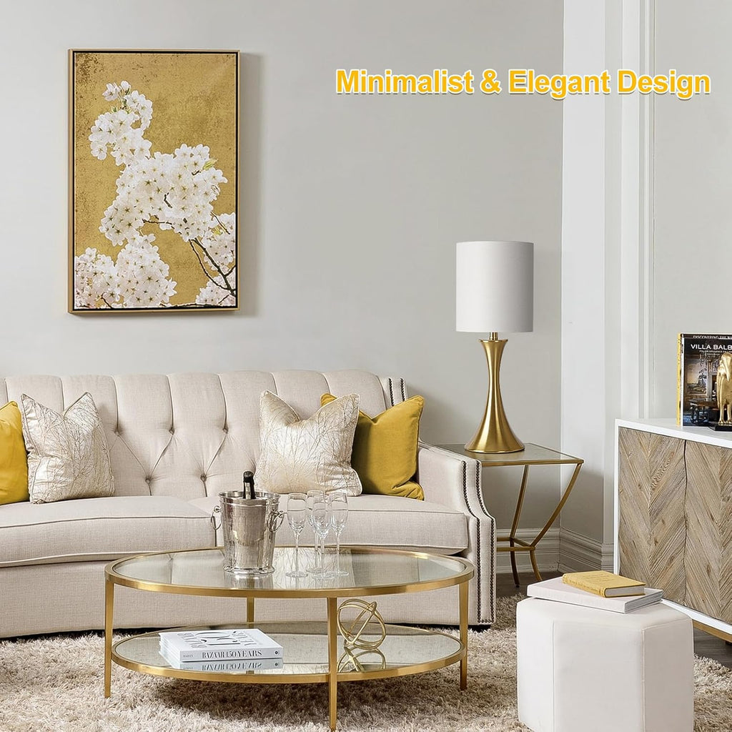 Gold Bedside Lamp Touch Control Table Lamp – 3-Way Dimmable Modern Nightstand Lamp with White Shade