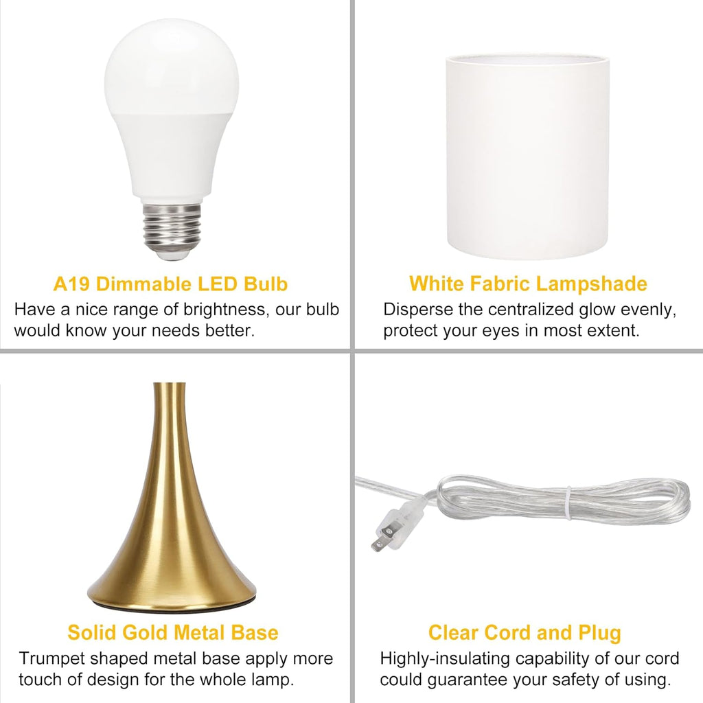 Gold Bedside Lamp Touch Control Table Lamp – 3-Way Dimmable Modern Nightstand Lamp with White Shade