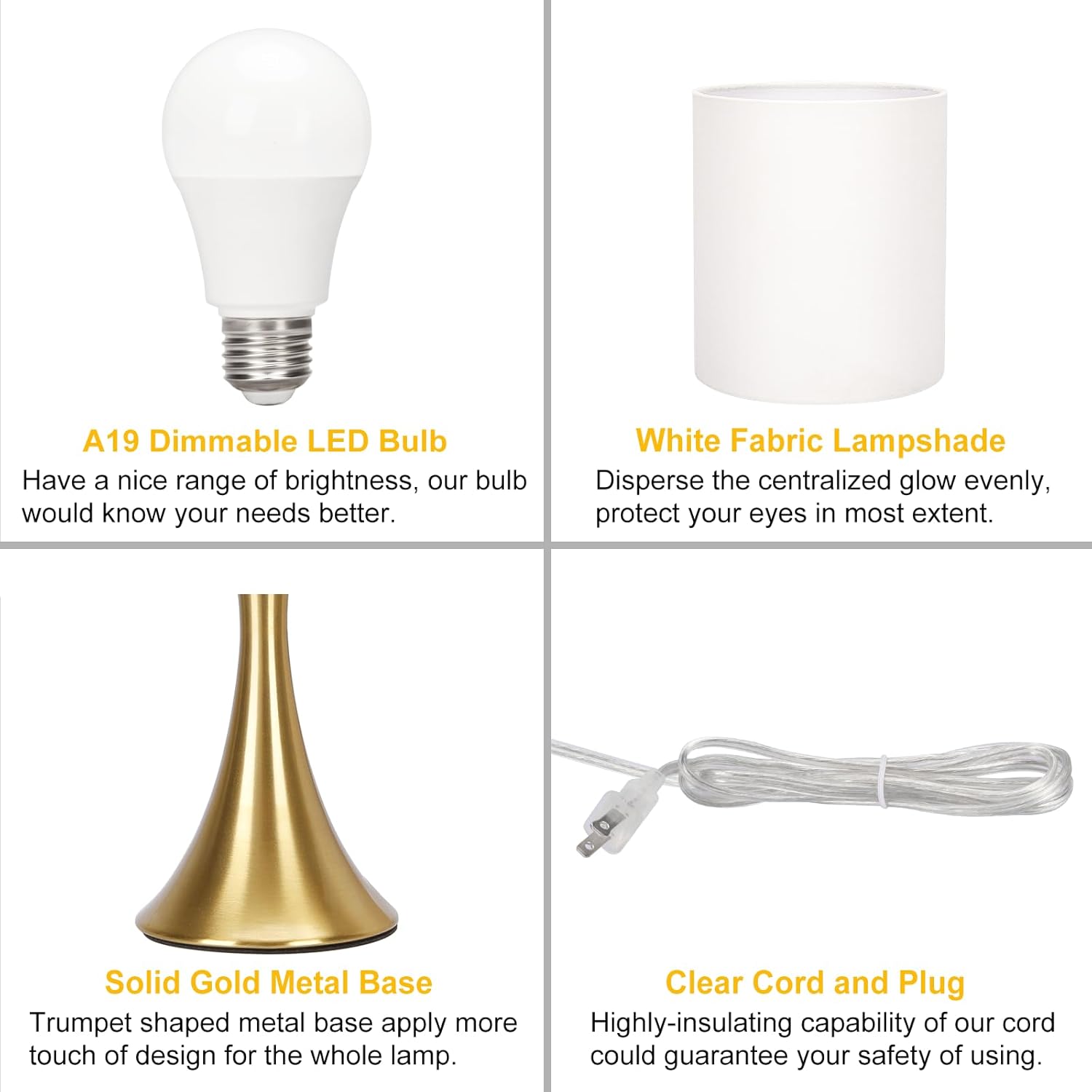 Gold Bedside Lamp Touch Control Table Lamp – 3-Way Dimmable Modern Nightstand Lamp with White Shade