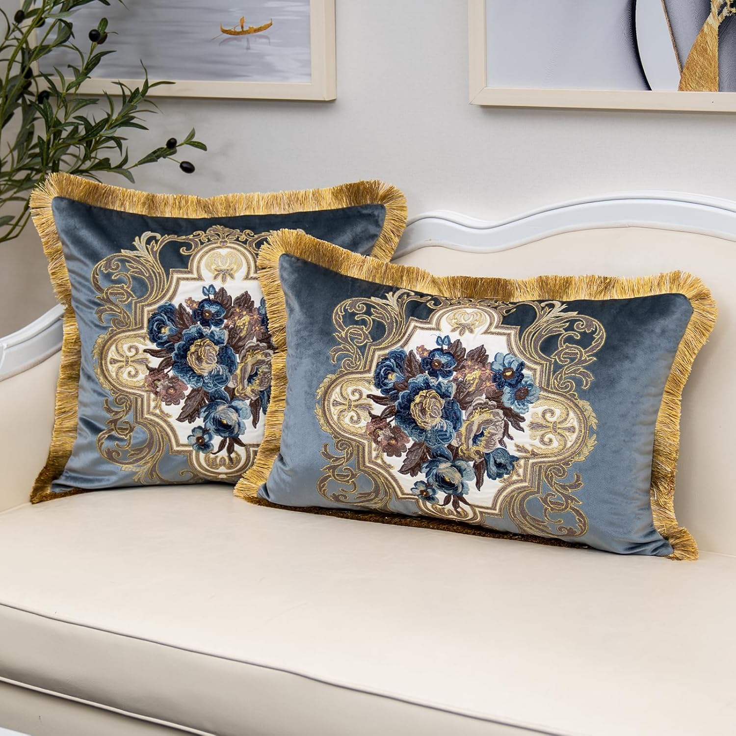 Alerfa Floral Velvet Throw Pillow Cover with Tassel – 16×24" European Embroidered Decorative Cushion Cover, Gray