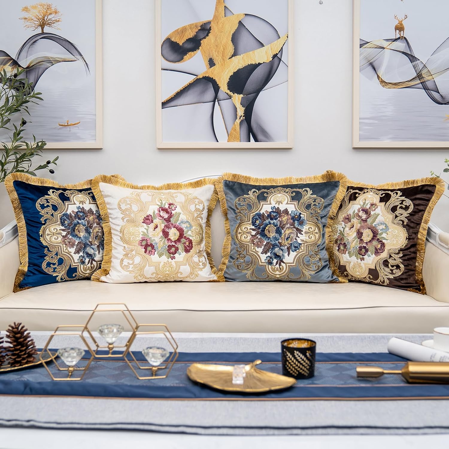 Alerfa Floral Velvet Throw Pillow Cover with Tassel – 16×24" European Embroidered Decorative Cushion Cover, Gray