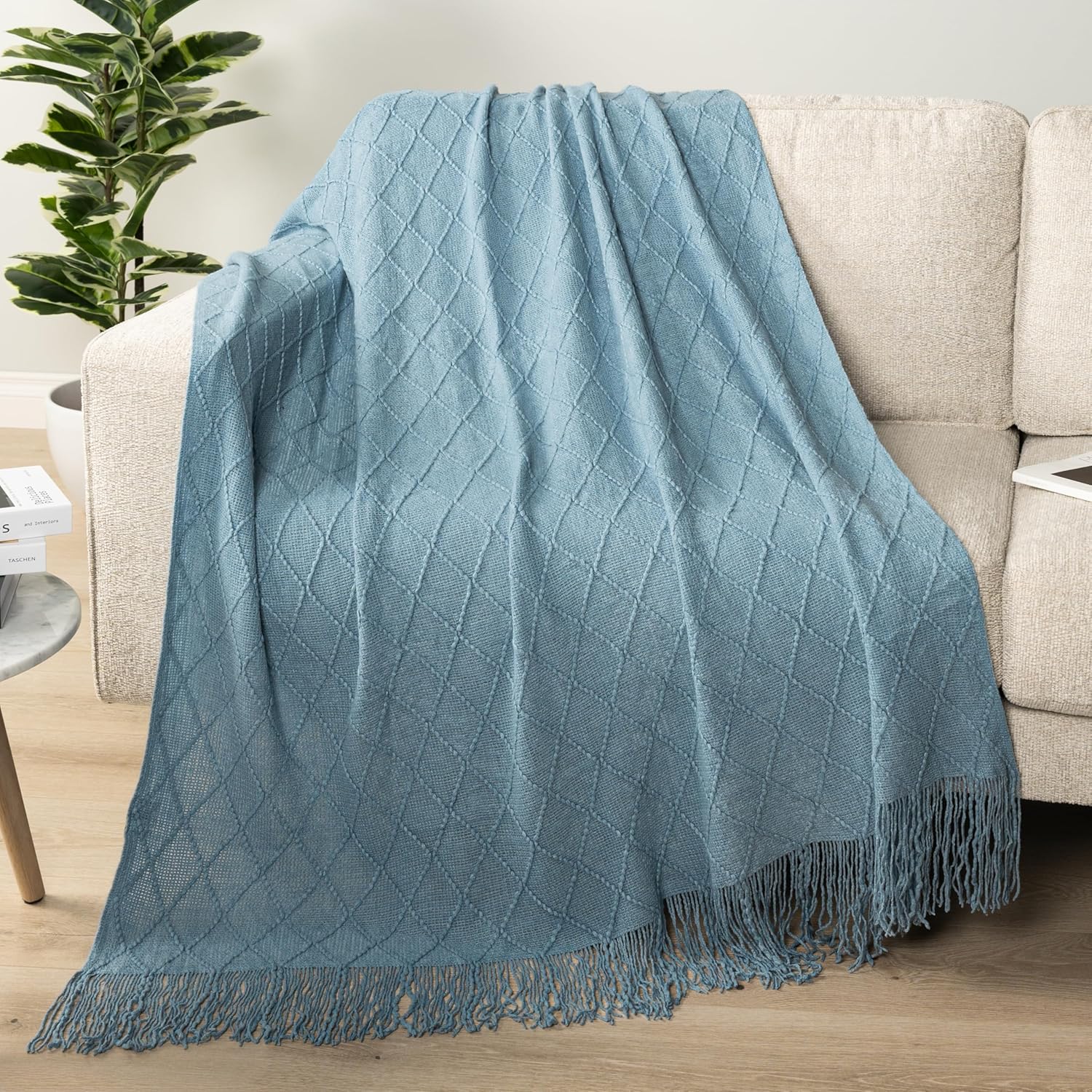PAVILIA Dusty Blue Knit Throw Blanket – Soft 50×60" Farmhouse Textured Decorative Sofa & Bed Throw