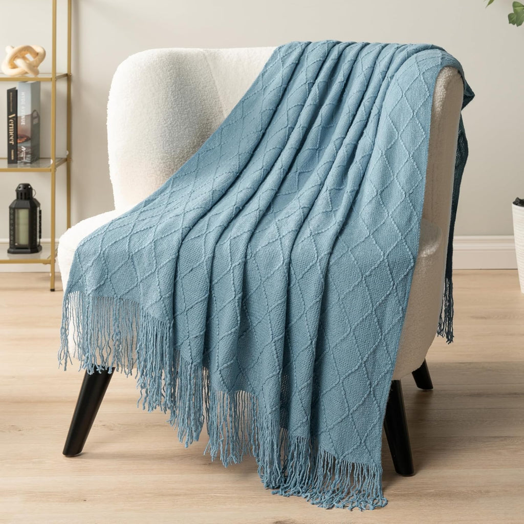 PAVILIA Dusty Blue Knit Throw Blanket – Soft 50×60" Farmhouse Textured Decorative Sofa & Bed Throw
