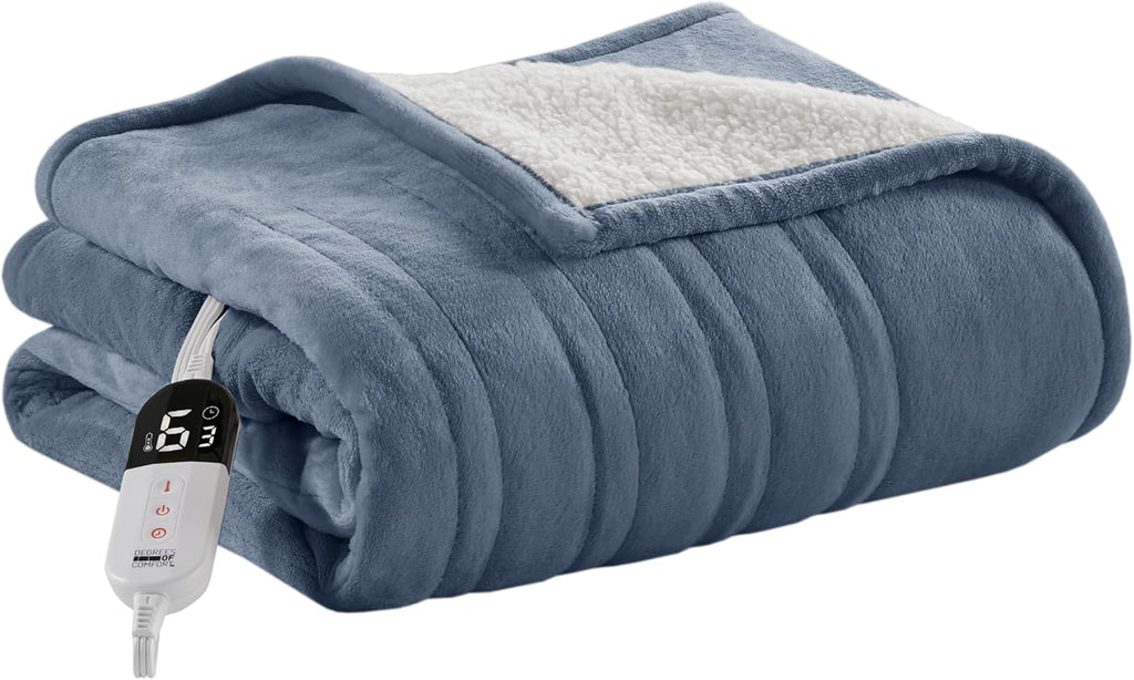 Degrees of Comfort Heated Throw Blanket – Soft Flannel Electric Throw with 6 Heat Settings & Auto Shut-Off, 50×60", Blue