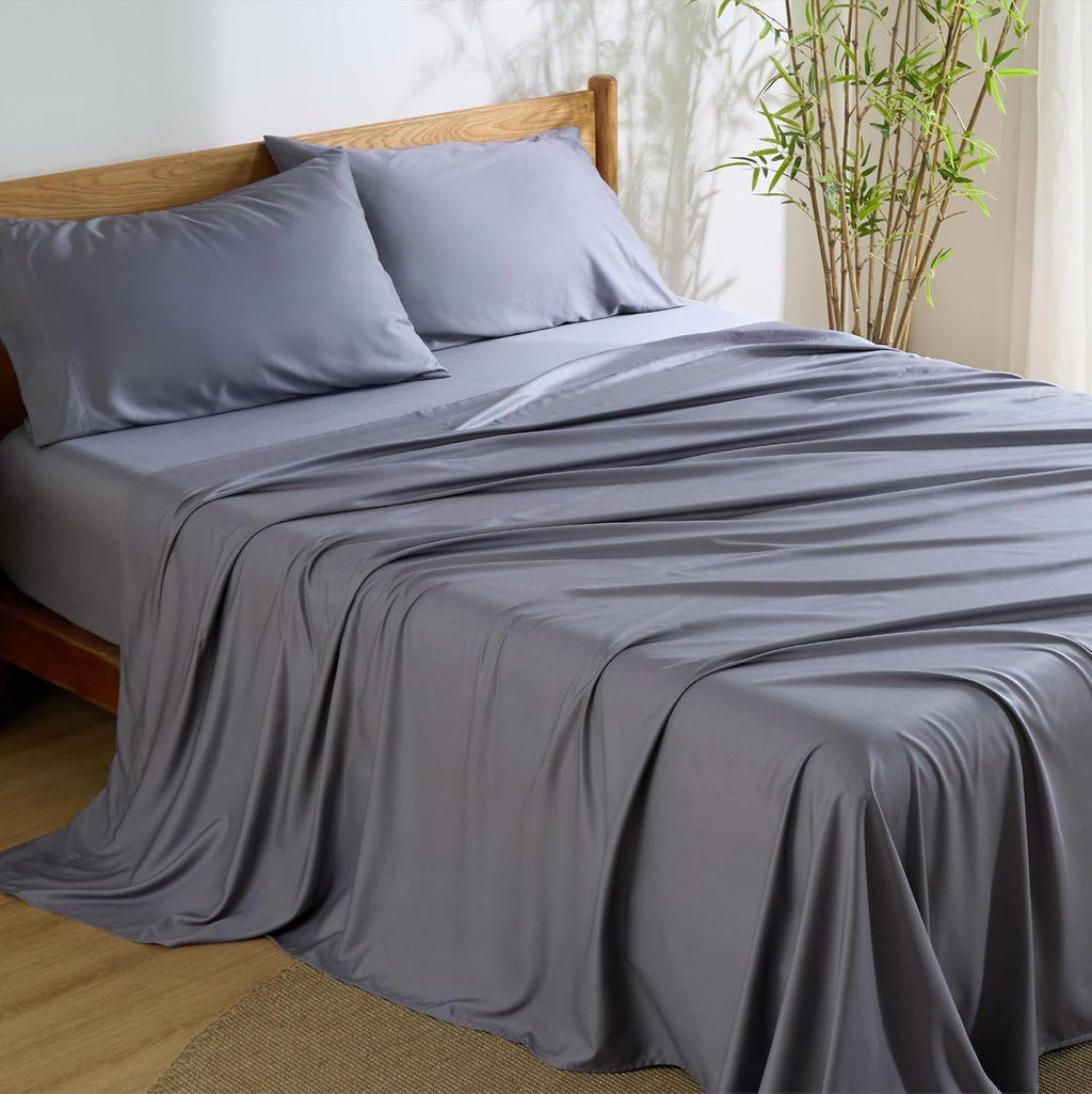 Bedsure Queen Sheet Set – Cooling Bamboo-Derived Silky Sheets with Deep Pockets, Hotel Luxury, Dark Grey