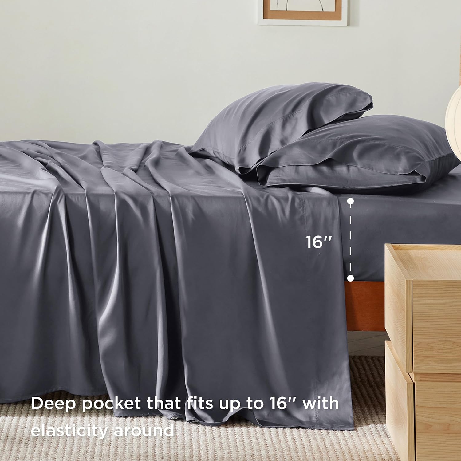 Bedsure Queen Sheet Set – Cooling Bamboo-Derived Silky Sheets with Deep Pockets, Hotel Luxury, Dark Grey