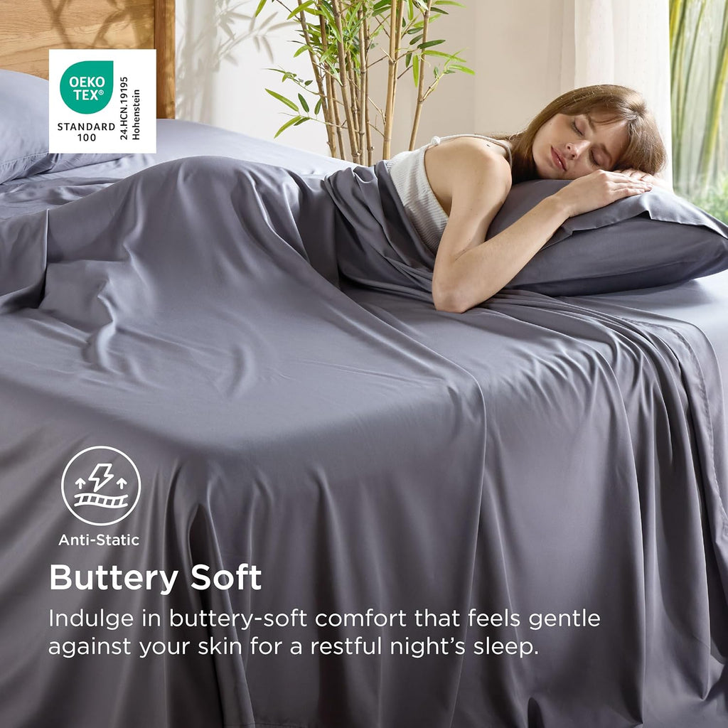 Bedsure Queen Sheet Set – Cooling Bamboo-Derived Silky Sheets with Deep Pockets, Hotel Luxury, Dark Grey