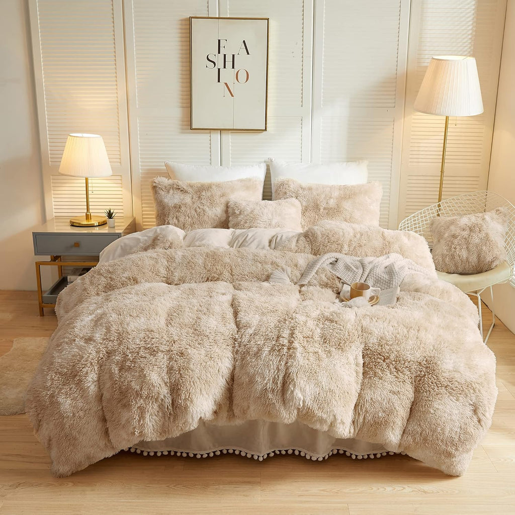 LIFEREVO Luxury Fluffy Faux Fur Duvet Cover Set – Soft Tie-Dye Plush Shaggy Cover with 2 Furry Pillowcases (King, Light Beige)