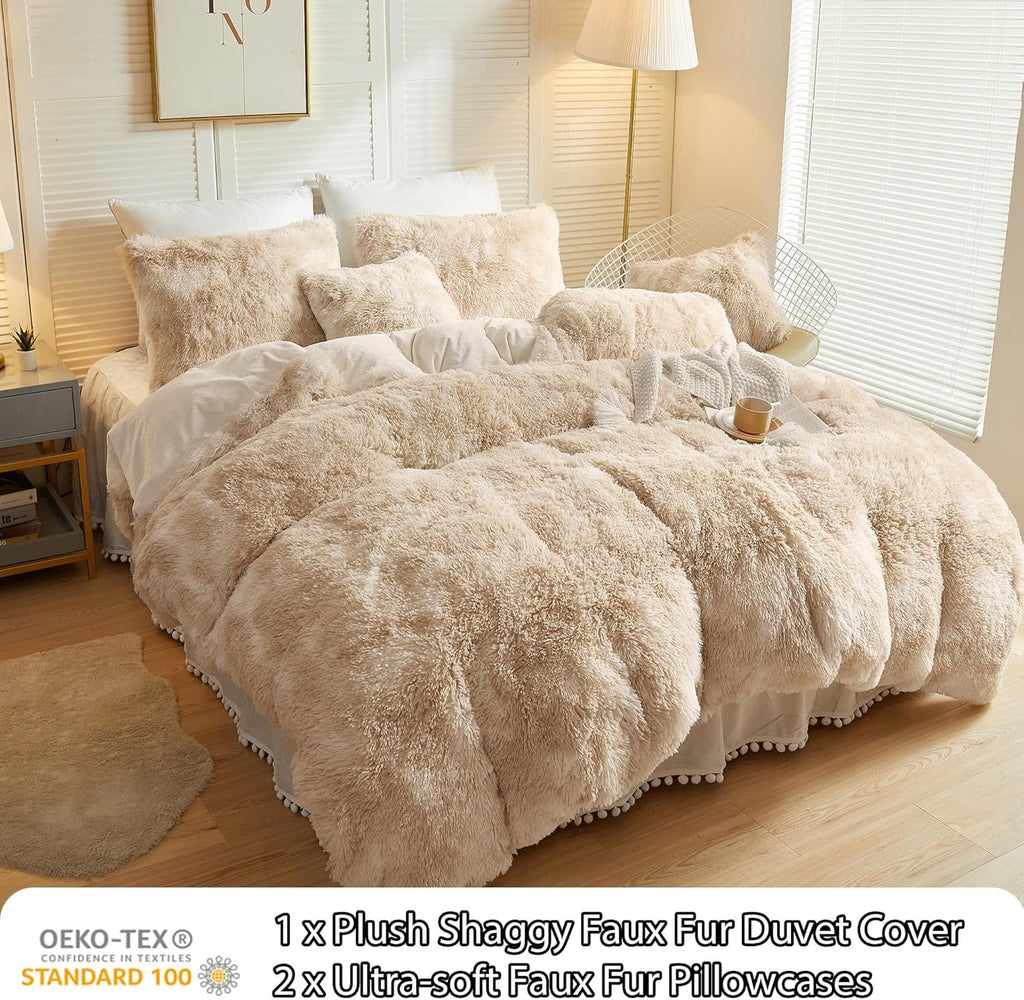 LIFEREVO Luxury Fluffy Faux Fur Duvet Cover Set – Soft Tie-Dye Plush Shaggy Cover with 2 Furry Pillowcases (King, Light Beige)