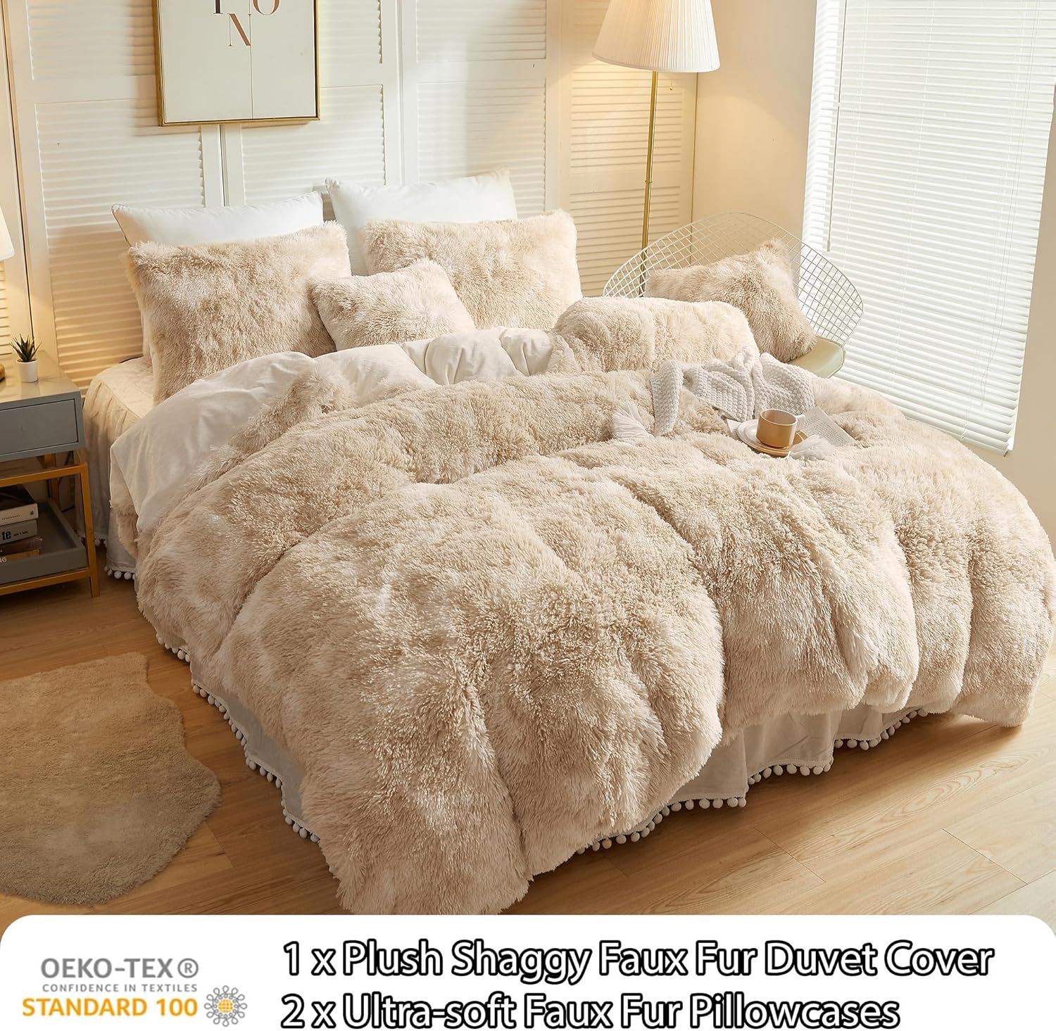 LIFEREVO Luxury Fluffy Faux Fur Duvet Cover Set – Soft Tie-Dye Plush Shaggy Cover with 2 Furry Pillowcases (King, Light Beige)