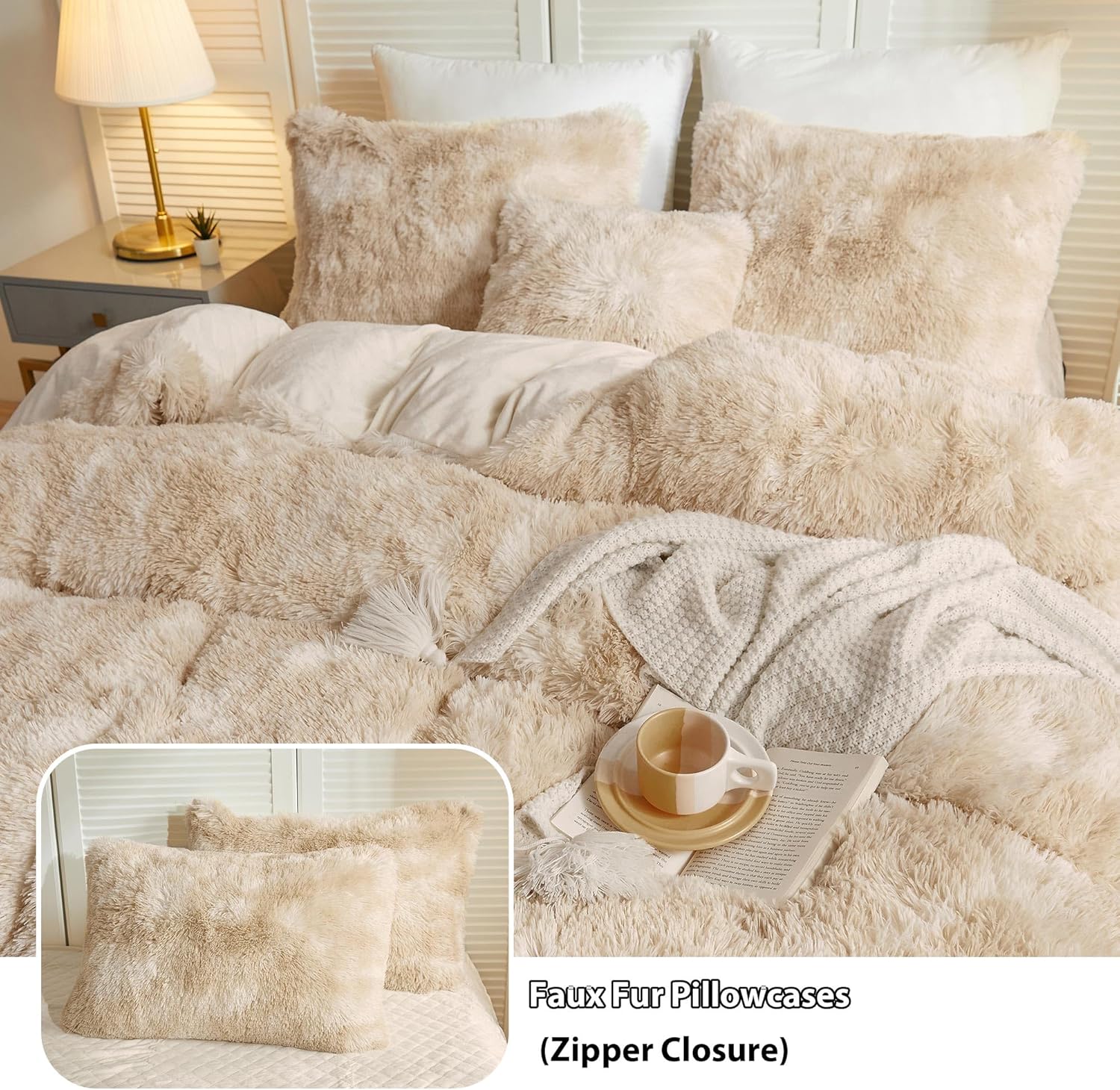 LIFEREVO Luxury Fluffy Faux Fur Duvet Cover Set – Soft Tie-Dye Plush Shaggy Cover with 2 Furry Pillowcases (King, Light Beige)