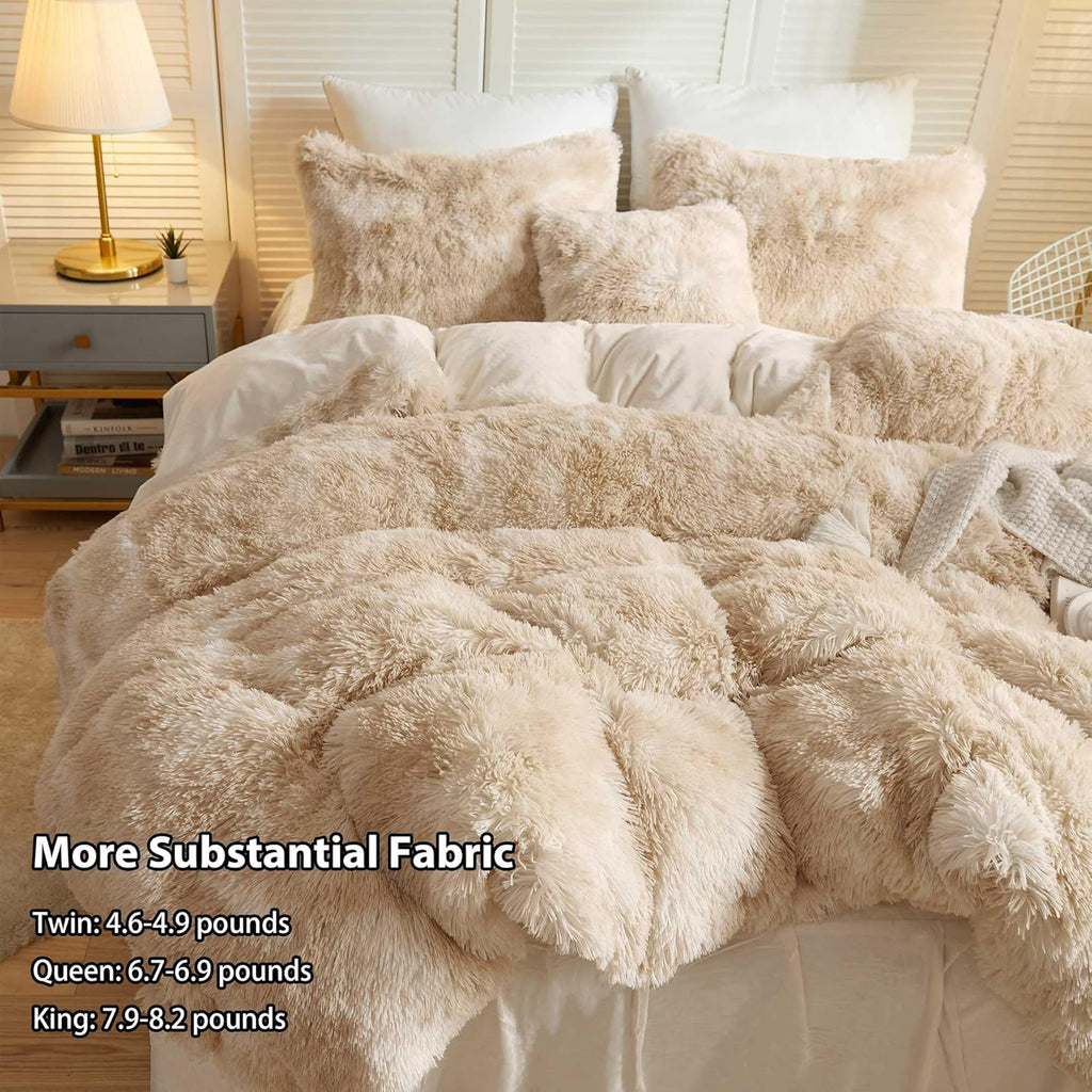LIFEREVO Luxury Fluffy Faux Fur Duvet Cover Set – Soft Tie-Dye Plush Shaggy Cover with 2 Furry Pillowcases (King, Light Beige)