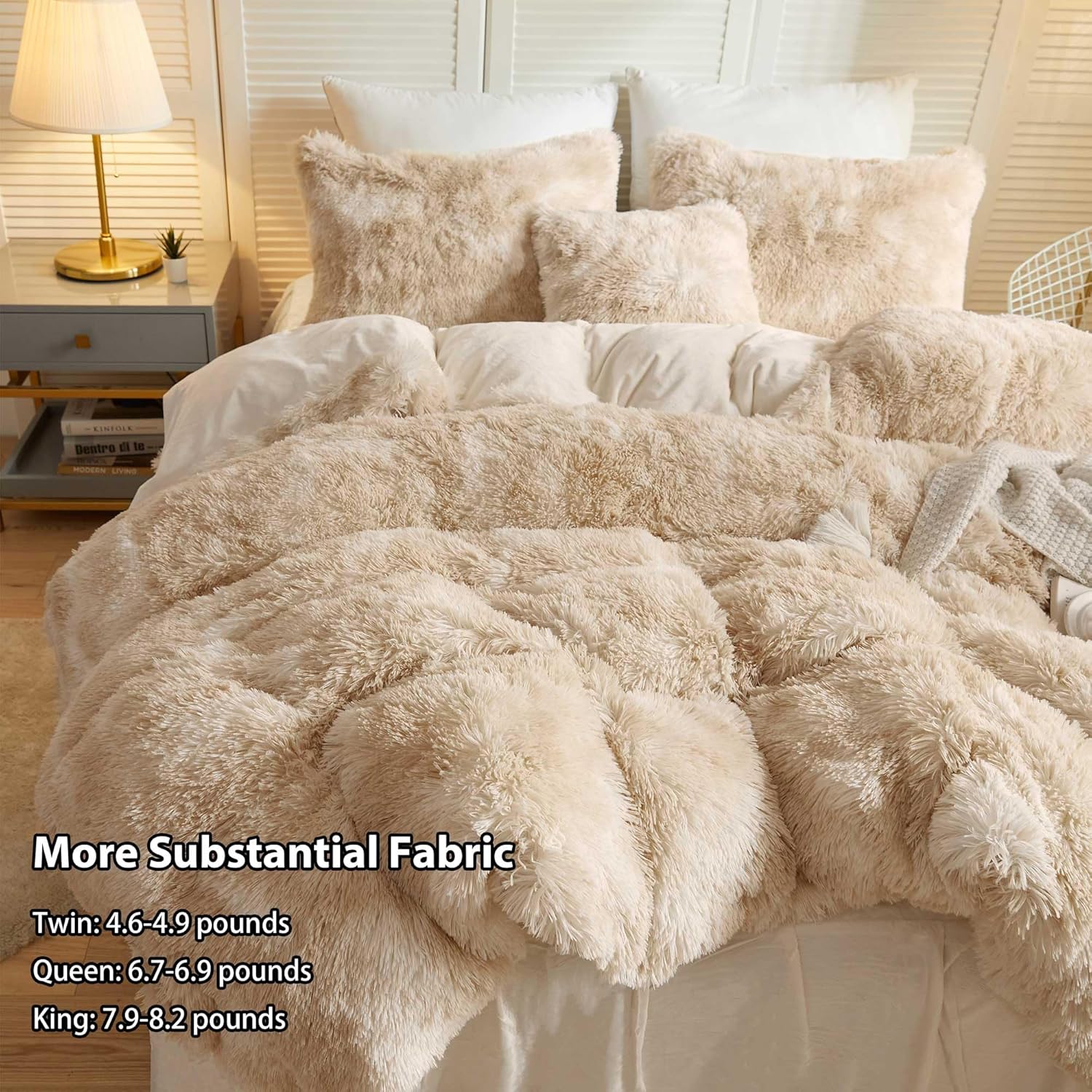 LIFEREVO Luxury Fluffy Faux Fur Duvet Cover Set – Soft Tie-Dye Plush Shaggy Cover with 2 Furry Pillowcases (King, Light Beige)