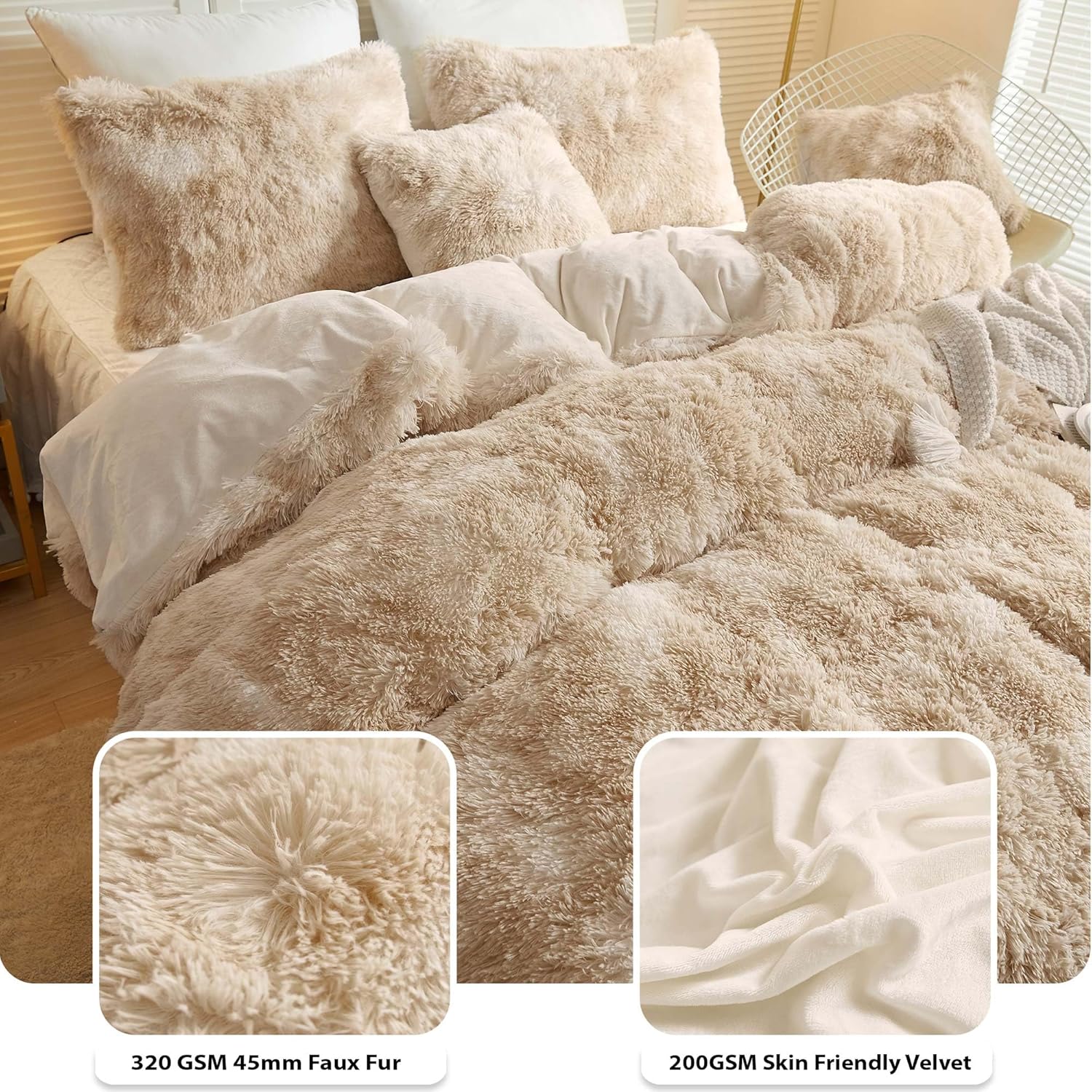 LIFEREVO Luxury Fluffy Faux Fur Duvet Cover Set – Soft Tie-Dye Plush Shaggy Cover with 2 Furry Pillowcases (King, Light Beige)