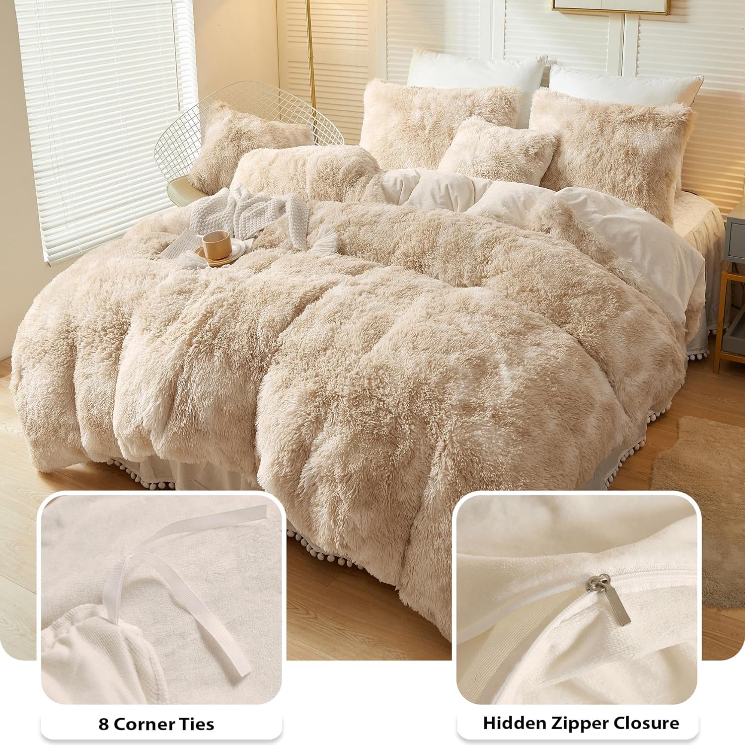 LIFEREVO Luxury Fluffy Faux Fur Duvet Cover Set – Soft Tie-Dye Plush Shaggy Cover with 2 Furry Pillowcases (King, Light Beige)
